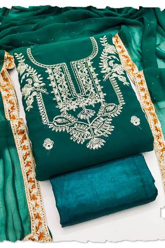women's teal georgette salwar suit dress material with golden thread embroidery