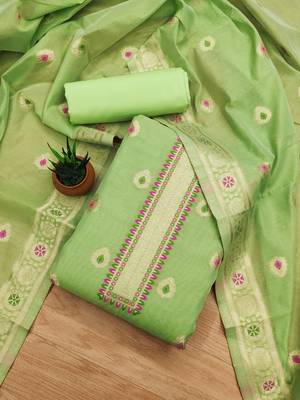 light green zari woven chanderi silk dress materials 1