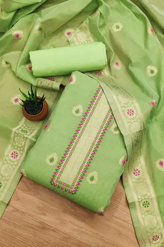 light green zari woven chanderi silk dress materials
