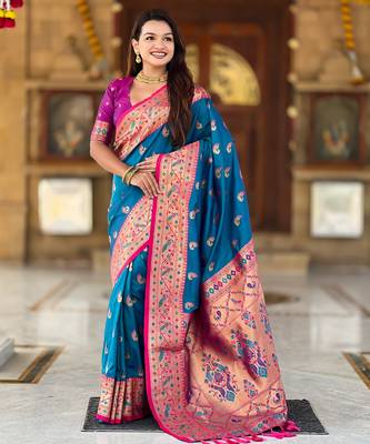 soft litchi art silk paithani jacquard saree (sparkal-paithani-firozi) 2