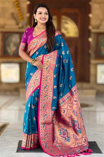 soft litchi art silk paithani jacquard saree (sparkal-paithani-firozi)