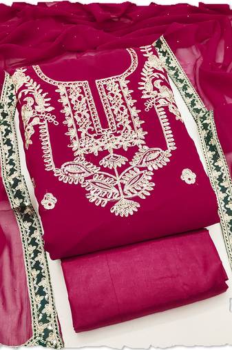 women's rani pink georgette salwar suit dress material with golden thread embroidery