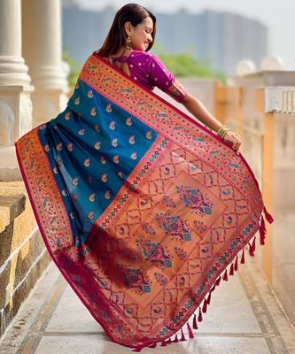 soft litchi art silk paithani jacquard saree (sparkal-paithani-firozi) 3