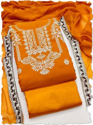 women's orange georgette salwar suit dress material with golden thread embroidery 1
