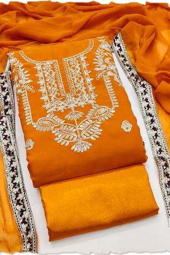 women's orange georgette salwar suit dress material with golden thread embroidery