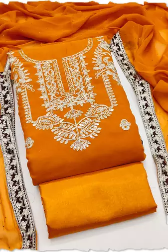 women's orange georgette salwar suit dress material with golden thread embroidery
