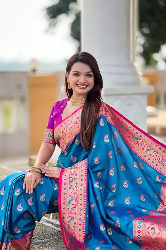soft litchi art silk paithani jacquard saree (sparkal-paithani-firozi)