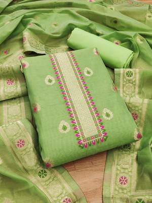 light green zari woven chanderi silk dress materials 3