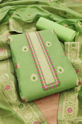 light green zari woven chanderi silk dress materials