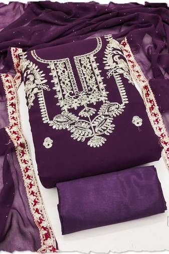 women's purple georgette salwar suit dress material with golden thread embroidery