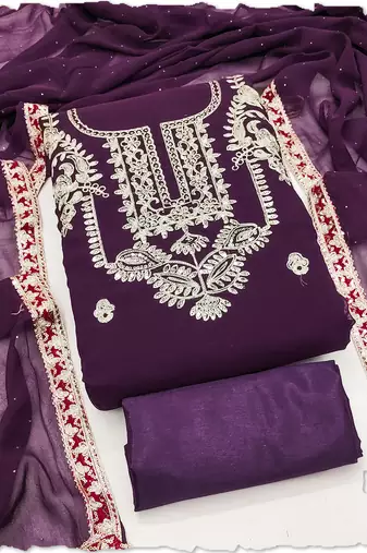 women's purple georgette salwar suit dress material with golden thread embroidery
