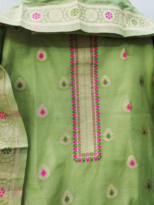 light green zari woven chanderi silk dress materials 4