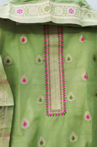 light green zari woven chanderi silk dress materials