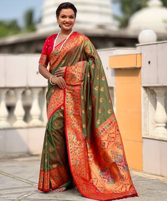 soft litchi art silk paithani jacquard saree (sparkal-paithani-mahendi) 1