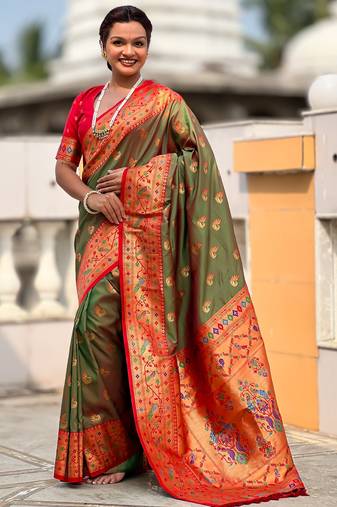 soft litchi art silk paithani jacquard saree (sparkal-paithani-mahendi)