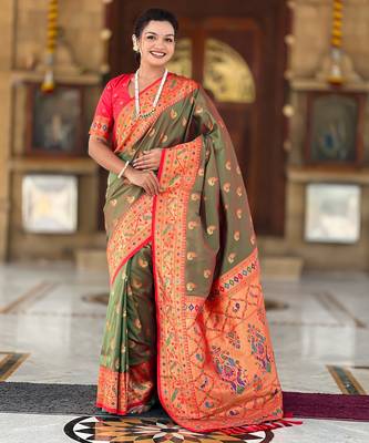 soft litchi art silk paithani jacquard saree (sparkal-paithani-mahendi) 2