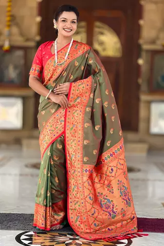 soft litchi art silk paithani jacquard saree (sparkal-paithani-mahendi)