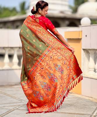 soft litchi art silk paithani jacquard saree (sparkal-paithani-mahendi) 3