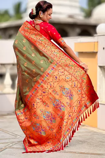 soft litchi art silk paithani jacquard saree (sparkal-paithani-mahendi)
