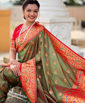 soft litchi art silk paithani jacquard saree (sparkal-paithani-mahendi) 4