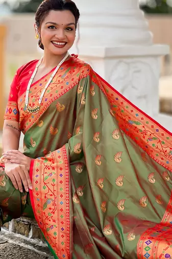 soft litchi art silk paithani jacquard saree (sparkal-paithani-mahendi)