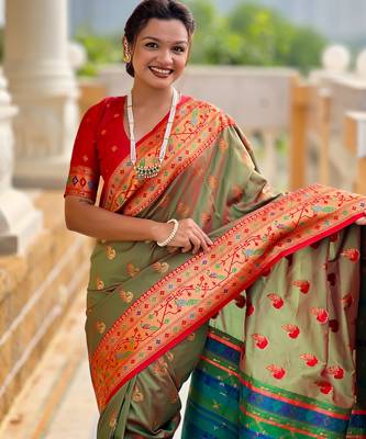 soft litchi art silk paithani jacquard saree (sparkal-paithani-mahendi) 5