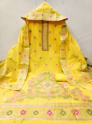 yellow zari woven chanderi silk dress materials 2