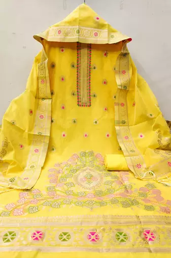 yellow zari woven chanderi silk dress materials
