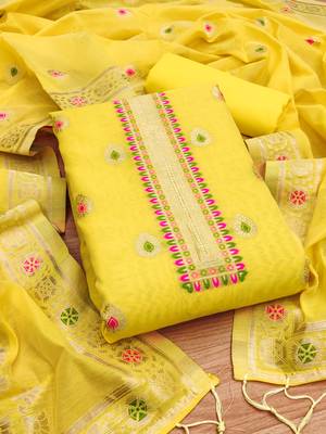 yellow zari woven chanderi silk dress materials 3