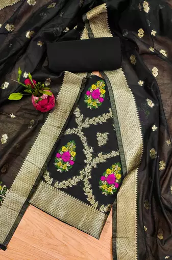 black zari woven chanderi silk dress materials