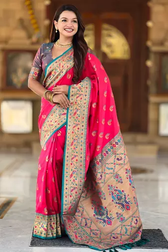 soft litchi art silk paithani jacquard saree (sparkal-paithani-rani-pink)