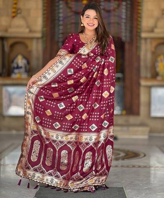 soft dola art silk fancy jacquard bollywood saree (swastik-dola-maroon) 2
