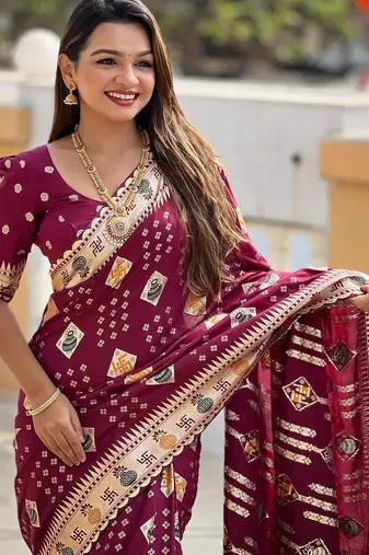 soft dola art silk fancy jacquard bollywood saree (swastik-dola-maroon)