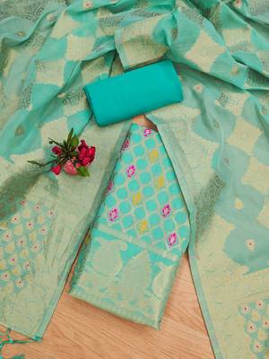sea green zari woven chanderi silk dress materials 2