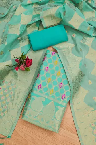 sea green zari woven chanderi silk dress materials