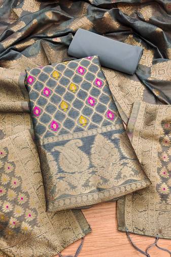 grey zari woven chanderi silk dress materials