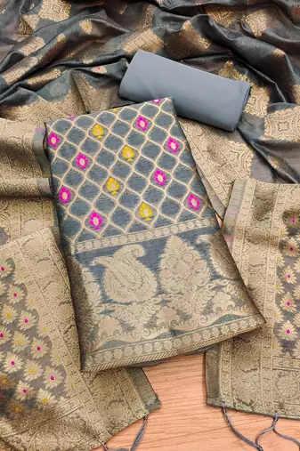 grey zari woven chanderi silk dress materials