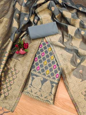 grey zari woven chanderi silk dress materials 2
