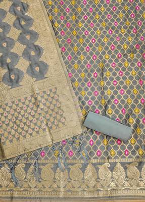 grey zari woven chanderi silk dress materials 3