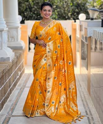 soft dola art silk fancy jacquard bollywood saree (swastik-dola-yellow) 1