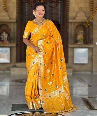 soft dola art silk fancy jacquard bollywood saree (swastik-dola-yellow) 2