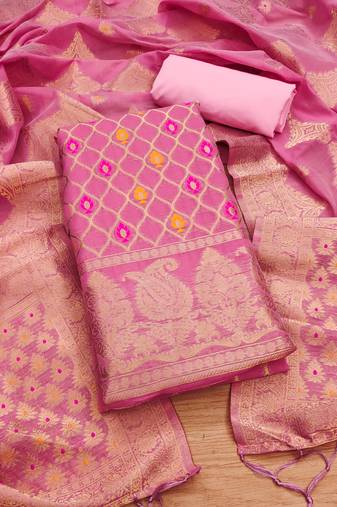 pink zari woven chanderi silk dress materials