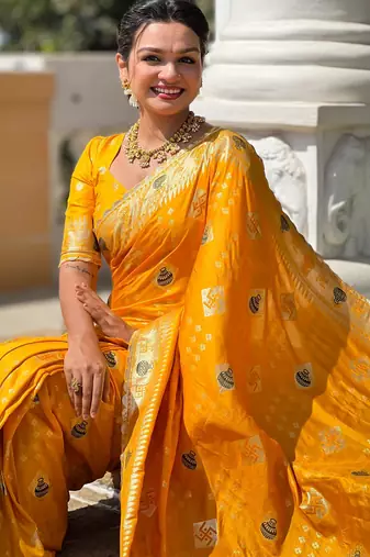soft dola art silk fancy jacquard bollywood saree (swastik-dola-yellow)