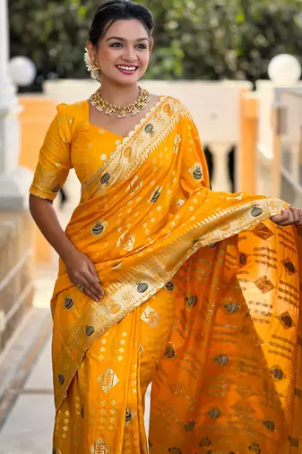 soft dola art silk fancy jacquard bollywood saree (swastik-dola-yellow)
