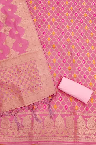 pink zari woven chanderi silk dress materials