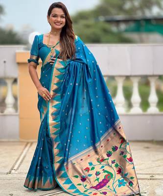 soft litchi art silk banarasi art silk jacquard saree (temple-paithani-firozi) 1