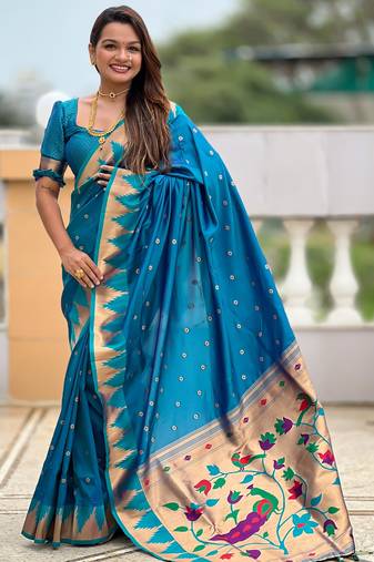 soft litchi art silk banarasi art silk jacquard saree (temple-paithani-firozi)