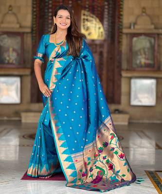 soft litchi art silk banarasi art silk jacquard saree (temple-paithani-firozi) 2