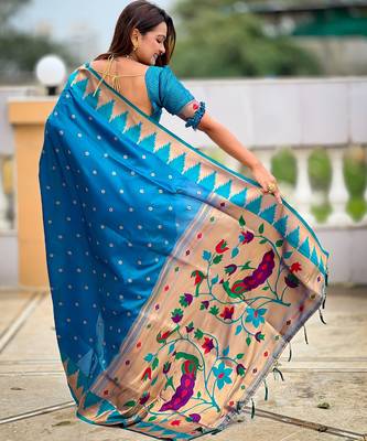 soft litchi art silk banarasi art silk jacquard saree (temple-paithani-firozi) 3