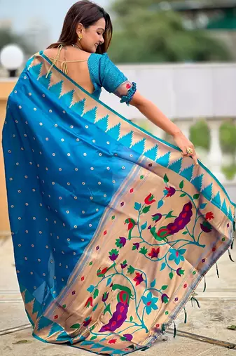 soft litchi art silk banarasi art silk jacquard saree (temple-paithani-firozi)